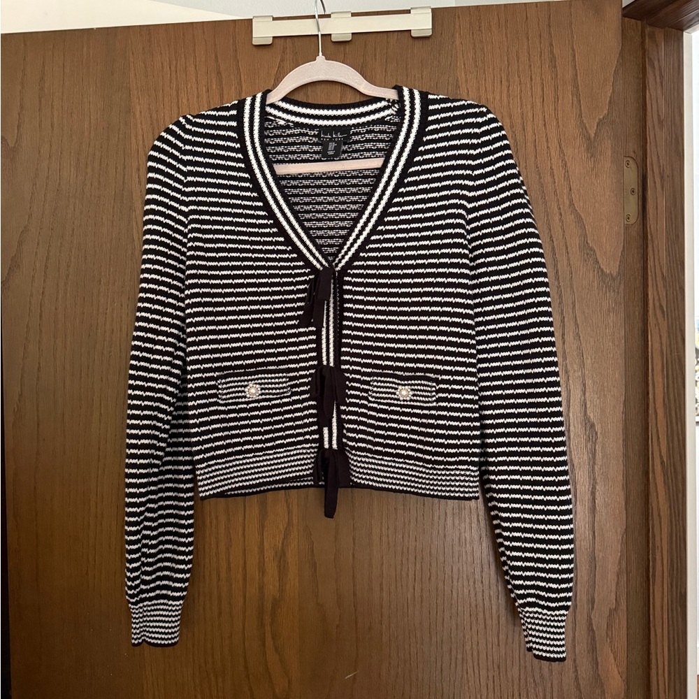 Nicole Miller Black & White Striped Bow Cardigan